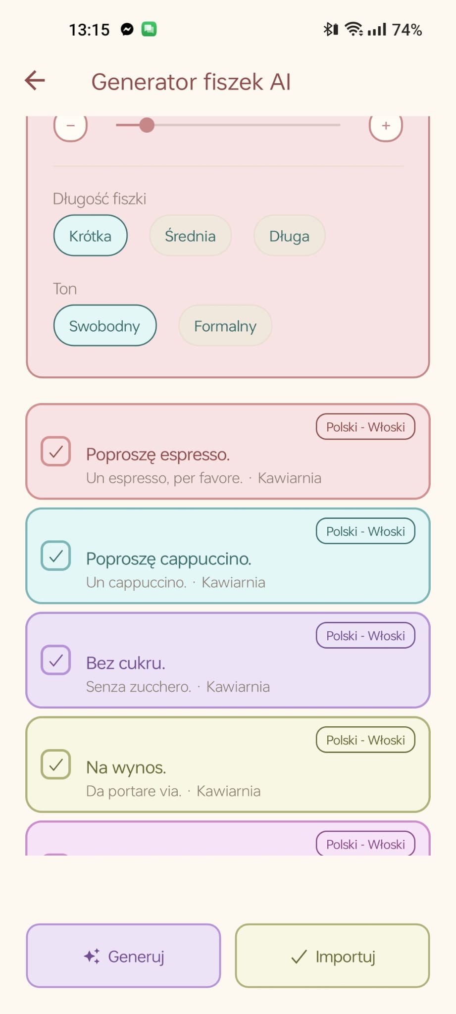 Ekran ColorCards: formularz dodawania nowej frazy z tłumaczeniem i podglądem fiszki