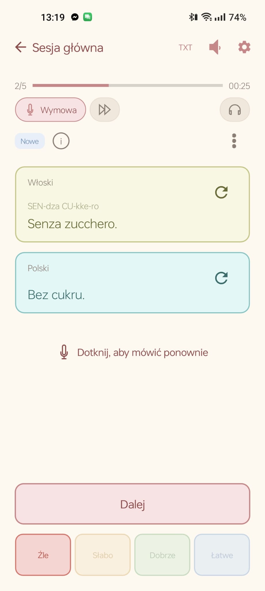 Ekran ColorCards: tryb sesji z dużym przyciskiem mikrofonu do nagrywania wymowy